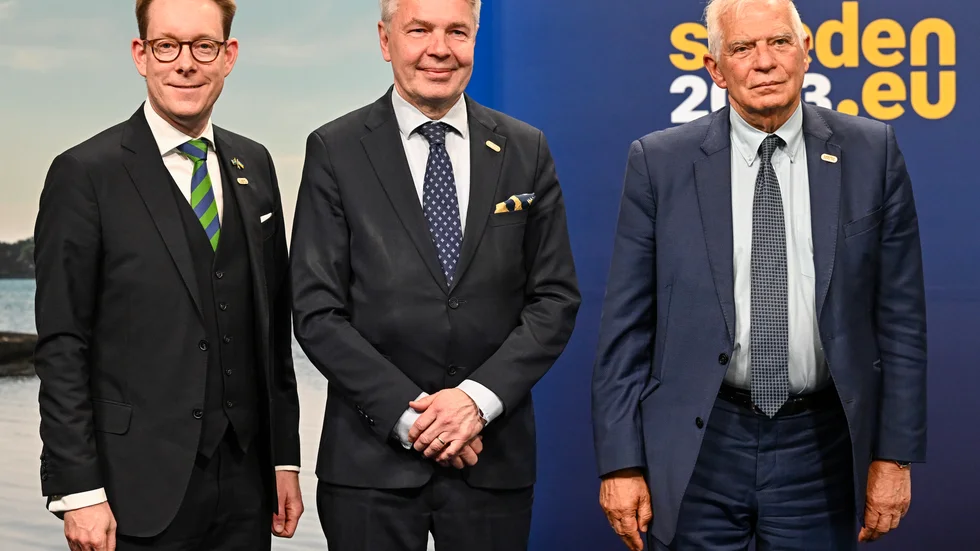 Sveriges utrikesminister Tobias Billström (M), Finlands utrikesminister Pekka Haavisto och EU:s höge representant för utrikesfrågor Josep Borrell på EU:s informella utrikesministermöte.