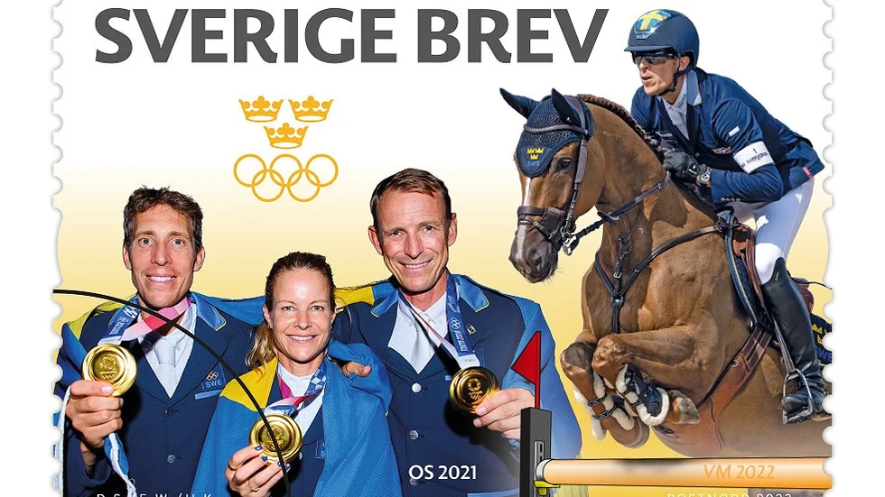 Henrik von Eckermann, Peder Fredricson och Malin Baryard finns med på frimärket som släpptes under torsdagen.