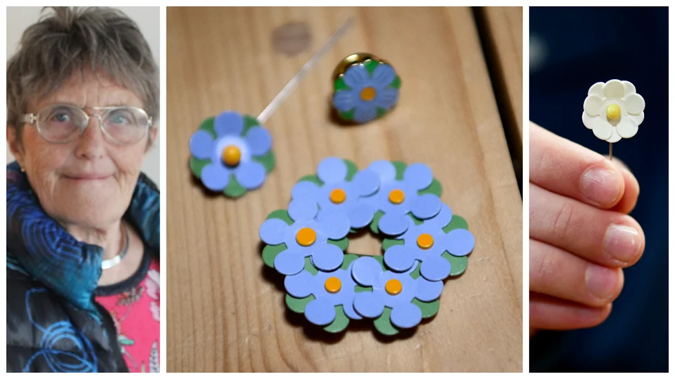 Birgitta Björkman, ordförande majblommeföreningen i Västervik, är bekymrad över rapporter om försäljning av fjolårets blomma. Hon befarar att det är personer som säljer för egen ficka. Blomman i mitten är årets, den till höger är fjolårets.