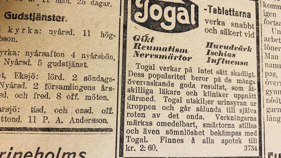 Togal botade många åkommor enligt den här annonsen från december 1921. 