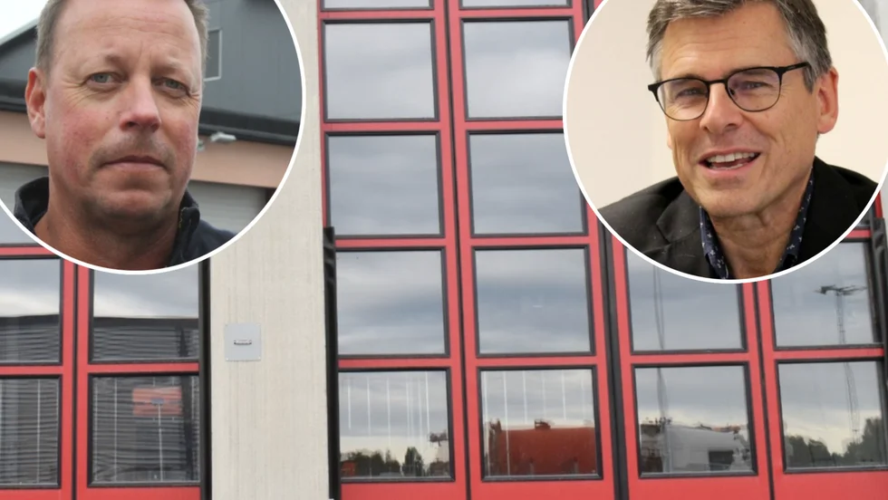 Den nya brandstationen kommer att placeras vid södra infarten till Rosenfors, ett strategiskt läge intill riksväg 34. Mycket bra, tycker räddningschef Michael Hesselgård och kommunalrådet Lars Rosander.