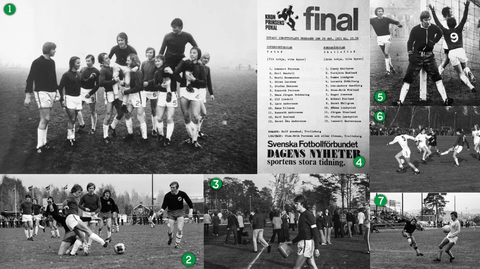 1.Laget firar efter semifinalen. 2. Jörgen Stenlund i kvarten mot Avesta. 3. Roger Jonsson efter finalförlusten i Ystad. 4. Lagen i finalen. 5. Berndt Hällgren jublar efter sitt mål som betydde 5-0 mot Kärrtorp. Lorentz Ståhlberg väntar med stora kramen. 6. Michael Norlund mot Ystad. 7. Jörgen Stenlund avlossar stora kanonen mot Bollnäs.