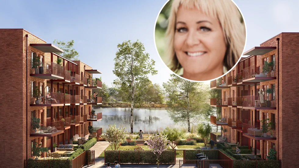 Så här ser Riksbyggens skiss ut över de 36 lägenheter som ska byggas i bolagets andra etapp i Västra Munktellstaden. "Ett oslagbart läge", säger Catarina Tenor på Riksbyggen.