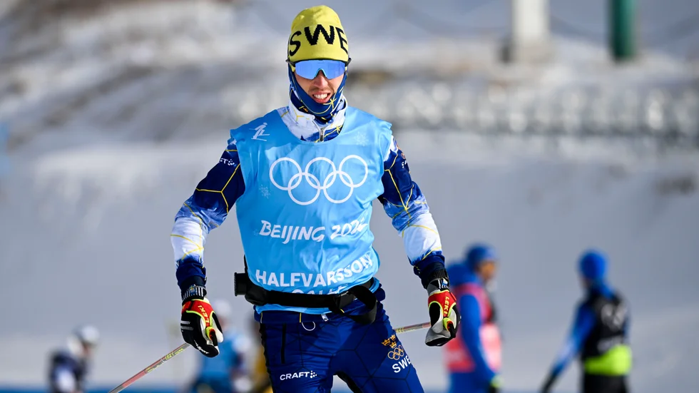 Calle Halfvarsson under ett träningspass på OS-stadion i Zhangjiakou.