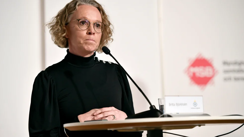 Britta Björkholm, avdelningschef på Folkhälsomyndigheten, är med på dagens myndighetsgemensamma presskonferens om läget under coronapandemin. Arkivbild.