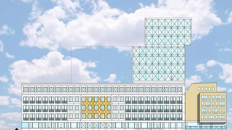 Castellums visionsskiss på det tänkta kontorshuset vid Kungsgatan med ett hörn som är 13 våningar högt.