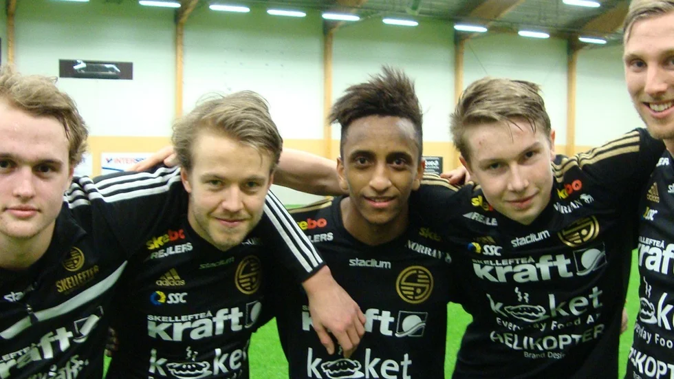 Linus Marklund, Linus Almqvist, Nur Adem, Filip Forsgren och Martin Karlberg gjorde Skellefteå FF:s mål i derbyt. Foto: Mikael Marklund