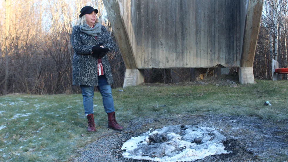 Maria Gullqvist, kulturvecklare i Åtvidabergs kommun vid de utbrunna resterna av den bassäng som hör till konstverket Trudy.