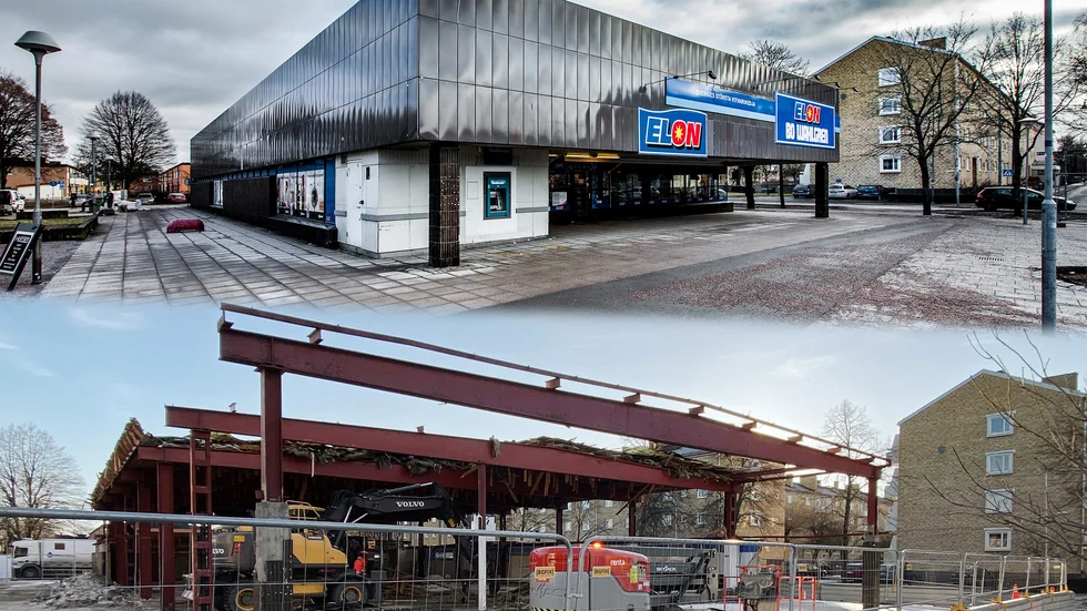 Översta bilden visar "Konsumlådan" vid Kvarntorget på en bild från 2016. Underst den pågående rivningen från likartad vinkel.