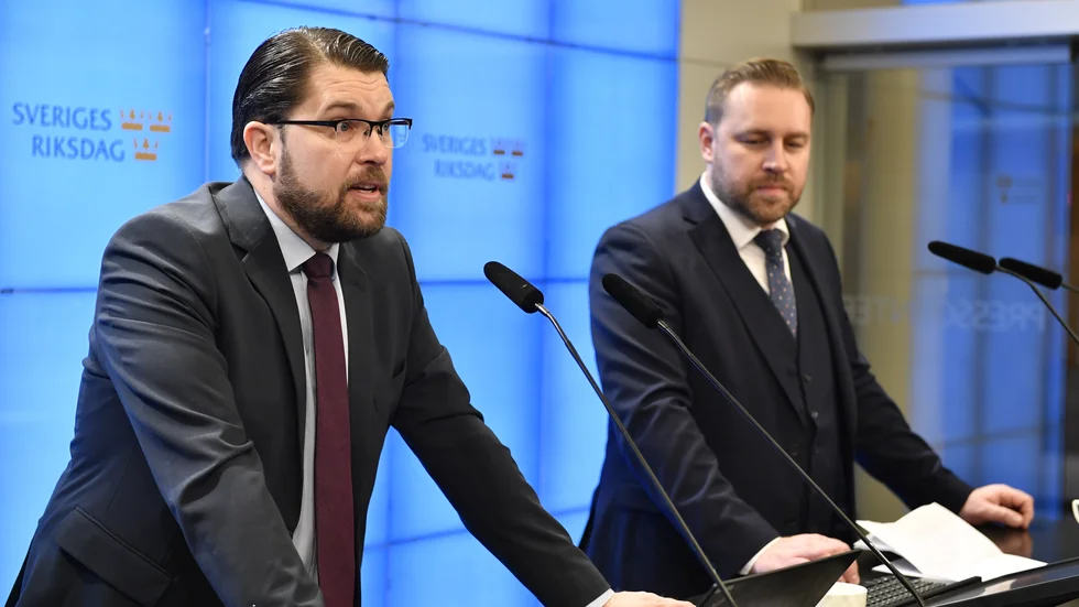 Sverigedemokraternas partiledare Jimmie Åkesson presenterar Mattias Karlsson som ny landsbygdspolitisk talesperson för partiet.