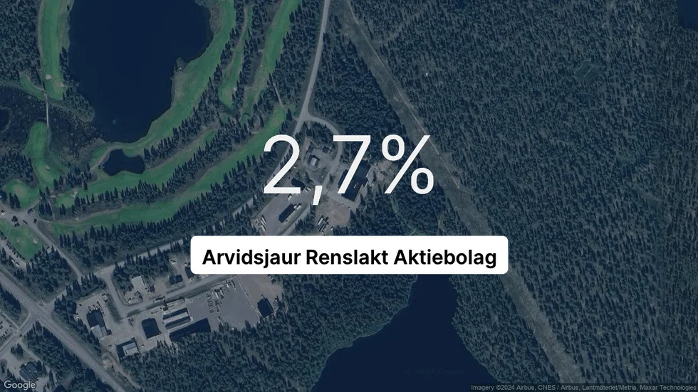 Illustrationen visar rörelsemarginalen för Arvidsjaur Renslakt för det senaste året. Bakgrunden är en satellitbild över företagets adress.