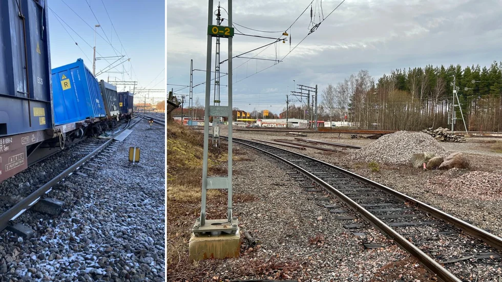 Så här såg det ut när godståget hade spårat ur. Järnvägen på den högra bilden visar inte skadorna på anläggningen, men är tagen i närheten. 