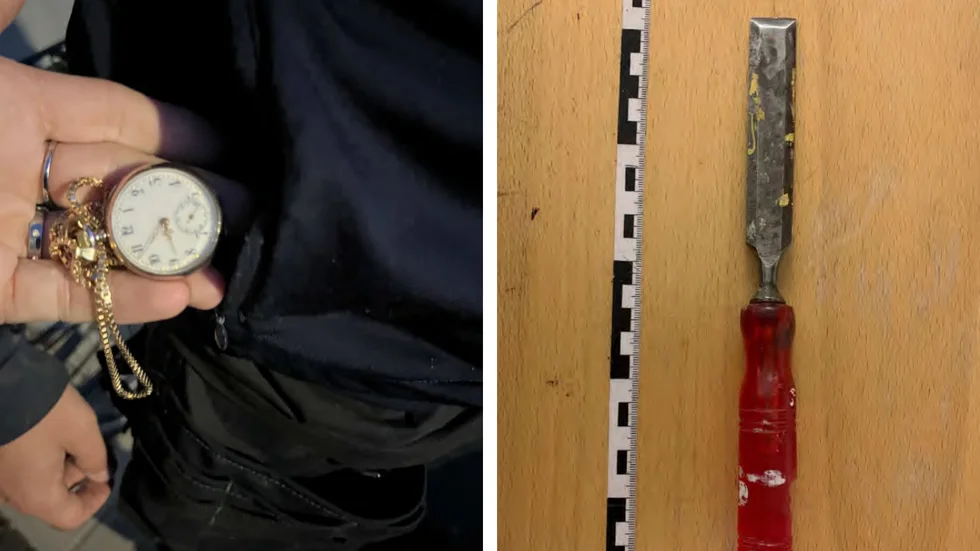 Den 32-årige mannen greps den 29 juli i år. I en av hans fickor hittade polisen ett fickur i guld. I hans ryggsäck hittade polisen bland annat ett stämjärn. (Bilderna är hämtade ur förundersökningen.)  