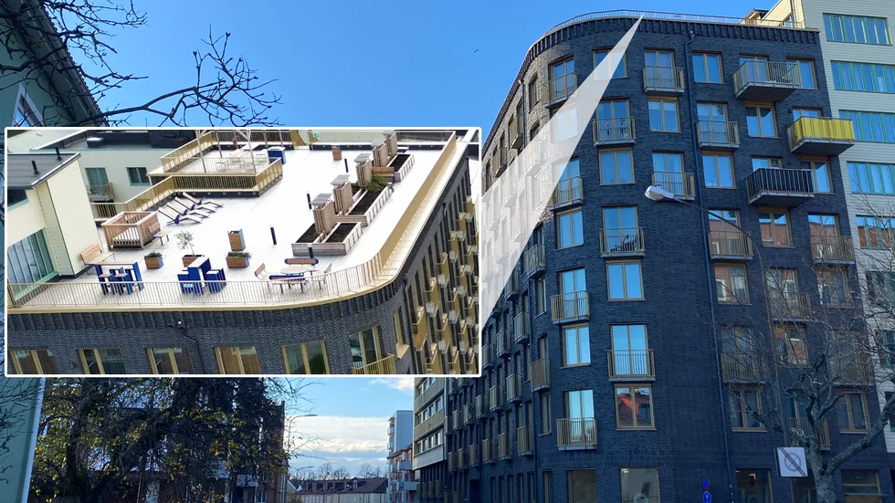Här, från taket på det nybyggda lägenhetshuset, har stenar kastats ner.