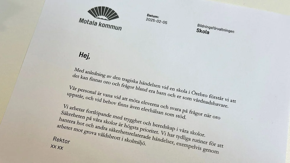Under onsdagen skickar Motala kommun ut brev till skolbarnens vårdnadshavare för att informera om sitt arbete efter skolskjutningen i Örebro.