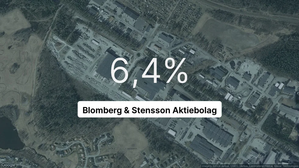 Illustrationen visar rörelsemarginalen för Blomberg & Stensson för det senaste året. Bakgrunden är en satellitbild över företagets adress.
