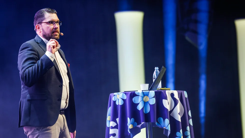 Sverigedemokraternas partiledare Jimmie Åkesson talade på partiets valkickoff på Stockholmsmässan.