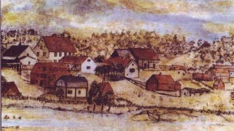 Lummelundsbruk från 1800-talet på en akvarell av okänd konstnär. Stora huset till vänster är mangårdsbyggnaden, och under den syns pappersbruket i en trevånings träbyggnad. Det vita huset framför den är pappersmästarens bostad.