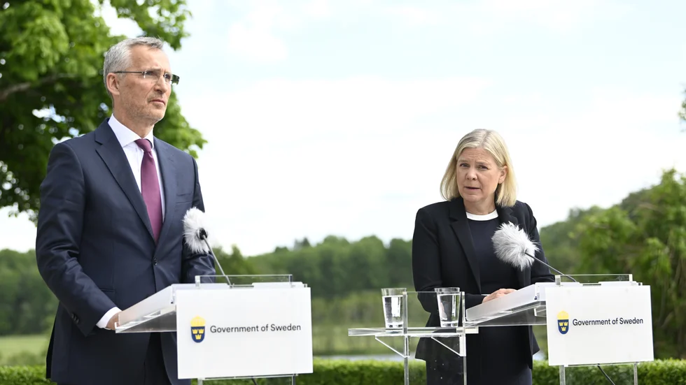 Statsminister Magdalena Andersson (S) och Natos generalsekreterare Jens Stoltenberg under en pressträff på Harpsund.