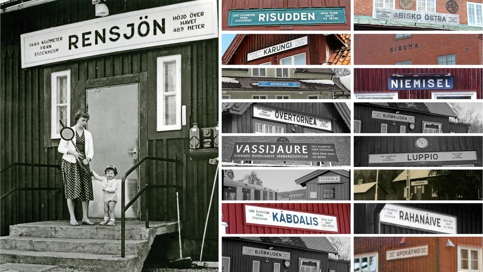 Rensjöns station fick svenskt namn efter en nationalistisk kampanj. Här stationens platsvakt Hjördis Matti med sonen Tommy omkring år 1960. Foto: Östen W/Järnvägsmuseet. Vitsaniemi döptes om till Risudden och Övertorneå hade namnet Matarengi innan de nationalistiska krafterna drev igenom namnförsvenskningen. Inlandsbanans stationer fick behålla de gamla ortsnamnen på stationerna. 