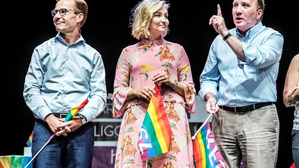 Ulf Kristersson, Ebba Busch Thor och Stefan Löfen under debatten anordnad i samband med Europride i Stockholm.