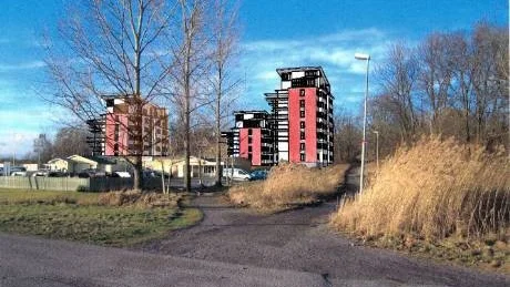 Så här är de tre höghusen i Lindö tänkta att se ut. I förgrunden Lindöhallen. Bild: Arkidéon