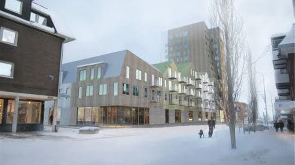 Skiss över Träkronan som inom kort ska byggas i centrala Piteå.