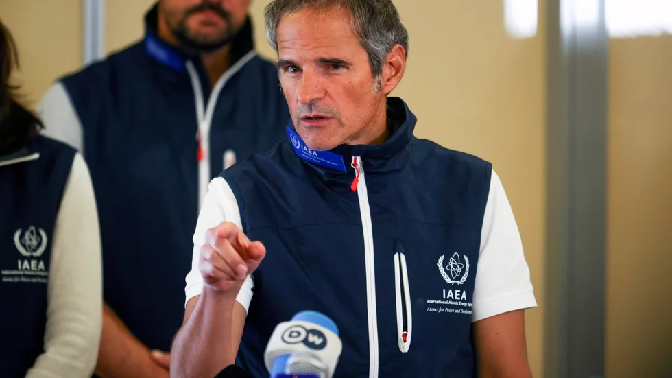 IAEA:s chef Rafael Grossi på en pressträff i fredags.