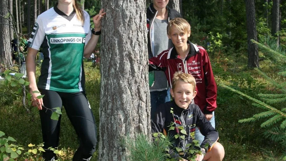 Här  idel segrare. Alva Olsson i LOK:s grön-vita dress vann dubbelt vid NAIS-träffen. Grabbarna till höger
var det också klös i. Överst Kolmårdens Emil Ljungemyr, som vann H 16 på söndagen. I mitten August Mollén, OK Denseln som vann båda dagarna i H 14 och underst Arvid Westerberg, OK Kolmården, segrare i söndagens H 12-klass.
Foto: Nils Sjödin