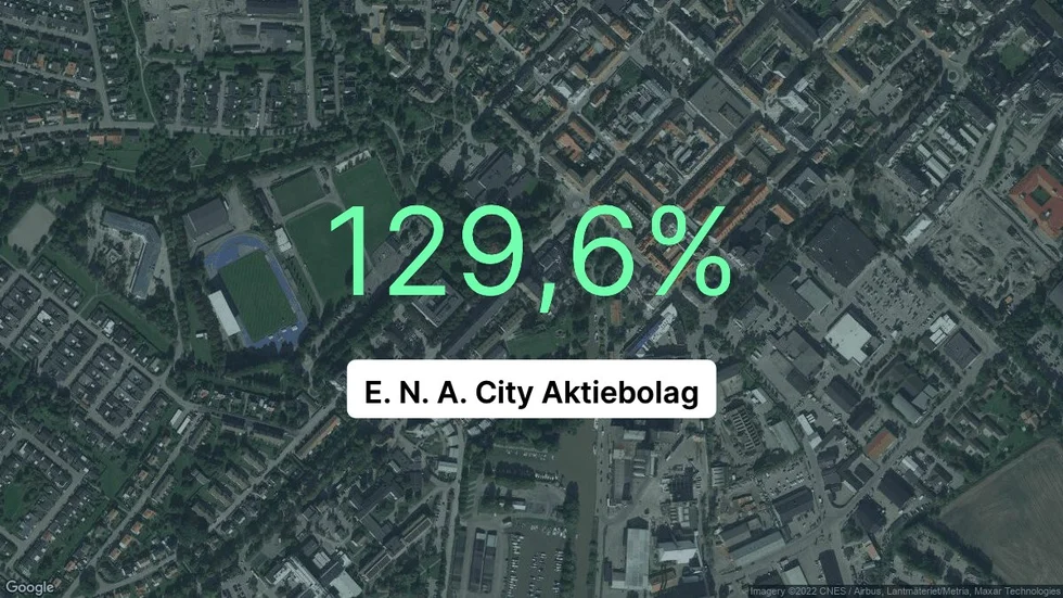 Illustrationen visar rörelsemarginalen för E{dot} N{dot} A{dot} City för det senaste året. Bakgrunden är en satellitbild över företagets adress.