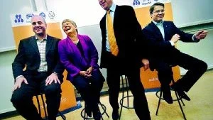 Riskbenägna, kallar Widar Andersson fyrklövern Fredrik Reinfeldt, Maud Olofsson, Lars Leijonborg och Göran Hägglund för. Foto: Scanpix