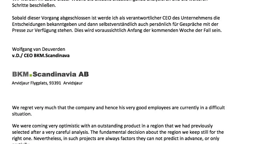 Pressmeddelande i original på både engelska och tyska från nyetablerade BKM Scandinavia, som redan är i kris.