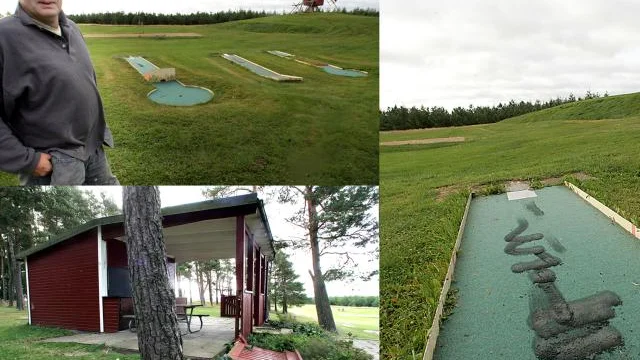 Anders Larsson på ISS visar golfbanan som mopedister förstört under helgen. Även kiosken vid Väderkvarnsbacken har vandaliserats. Bild: Mia Karlsvärd