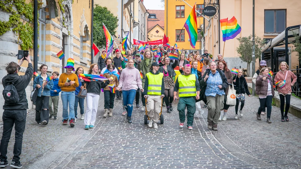 Prideparaden arrangerades den 17 maj med anledning av att det datumet även är internationella dagen mot homo-, bi och transfobi. Längst fram i paraden gick bland andra RFSL Gotlands ordföranden Alex Lithander (i rosa hår, tvåa från höger i främre raden). 