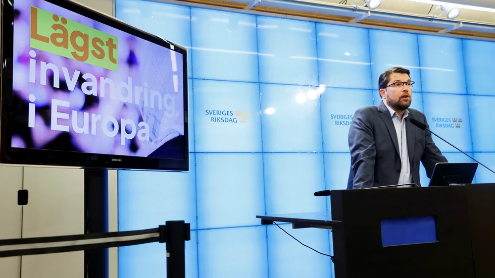 SD-ledaren Jimmie Åkesson presenterar partiets invandringspolitik i valrörelsen 2022.         