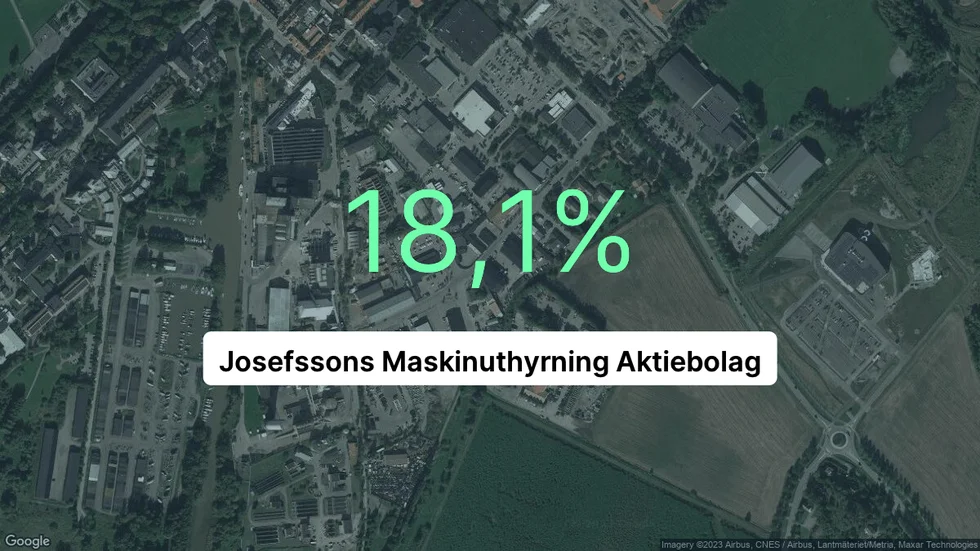 Illustrationen visar rörelsemarginalen för Josefssons Maskinuthyrning för det senaste året. Bakgrunden är en satellitbild över företagets adress.