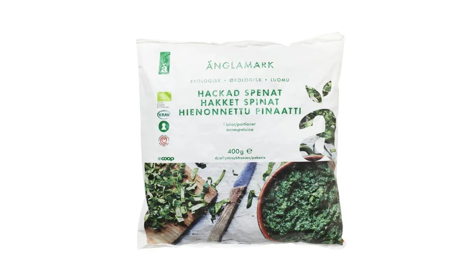 Coop återkallar Änglamark Hackad spenat, 400 gram. Pressbild.