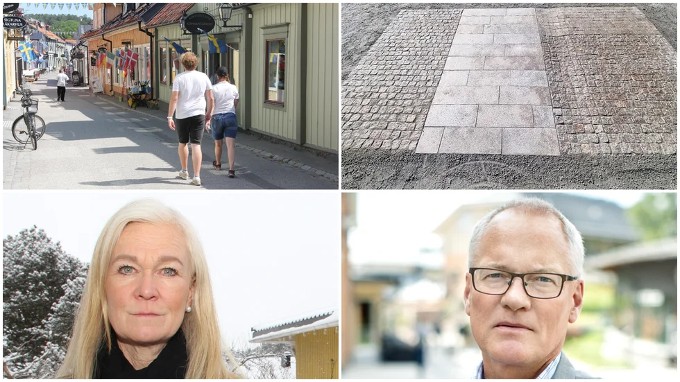 I dag är det asfalt i mitten och strängar av gatsten i kanterna av Stora gatan. Längst upp till höger syns en provyta med plattor av granithäll i mitten. Marie Axelsson (S) vill fortsatt ha asfalt medan Olov Holst (M) vill ha gatsten.