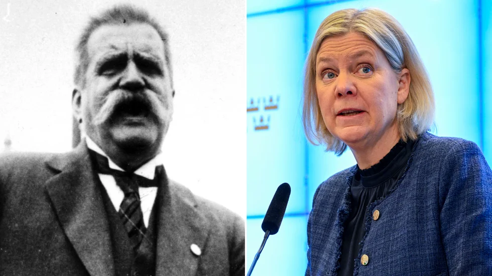 Hjalmar Branting var Socialdemokraternas partiordförande 1907-1925. Magdalena Andersson har hand om ordförandeklubban i partiet sedan 4 november 2021.