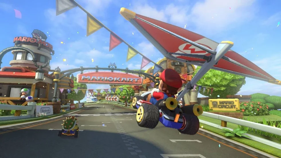 Luftburen. Precis som i Mario Kart 7 går det både att glidflyga och åka under vattnet.