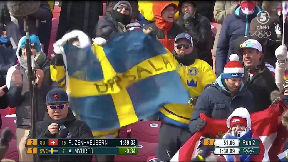 Heja Sverige! Fredrik Sars och Gustav Björkman med sin Uppsalaflagga.