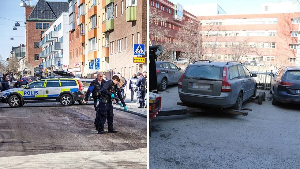 Rånplatsen på Kungsängsgatan och den misstänkta bilen när den bärgas från parkeringsplatsen vid Skatteverket.