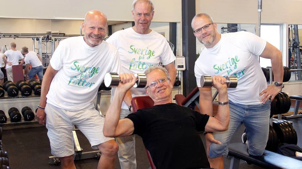 Jan Eriksson, Anders Ahlin och Jonas Sellén på Friskis och svettis peppar Lars Öhrn som tränar 2-3 gånger i veckan.