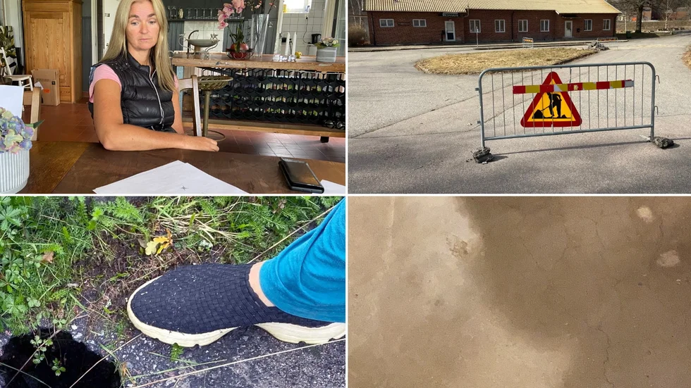 Ylva Binder orkar inte vänta längre utan stämmer kommunen efter fjolårets översvämningar. Bilden uppe till höger visar att vägen ner till det gamla stationshuset i Åker nu är avstängd på grund av underminerad mark. Ett tydligt exempel är det djupa slukhålet från hösten 2021. Längst ner till höger ses ett av många fuktskadade golv i stationsbyggnadens källare.