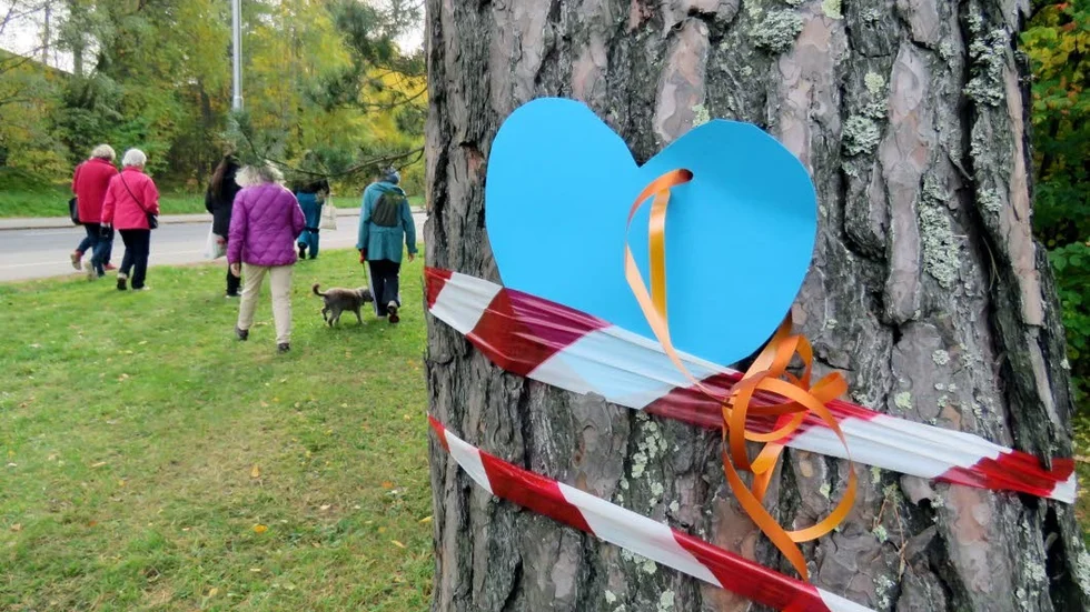 Närboende har satt upp hjärtan på träden för att symbolisera motståndet mot exploateringen av skogsområdet mellan Blodstensvägen och Marmorvägen.