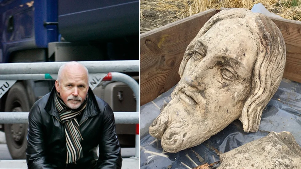 Till vänster: Arkeologen Bent Syse. Till höger: En del av den staty som hittades i Börje utanför Uppsala.