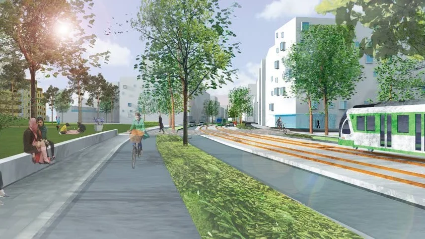 Arkitektbild på Hugo alfvéns väg med gångstråk, spårvagn och ny bebyggelse.