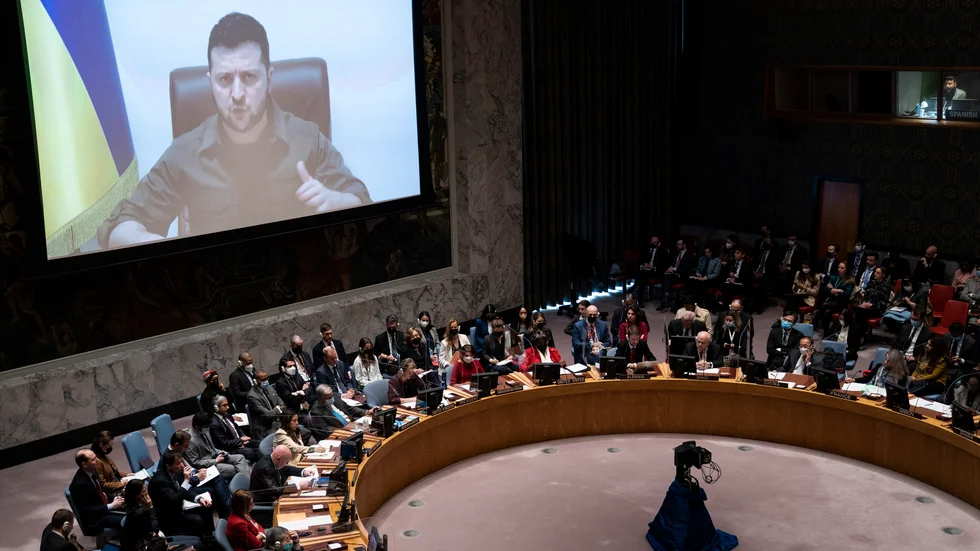 Ukrainas president Volodymyr Zelenskyj i historiskt tal i FN:s säkerhetsråd.