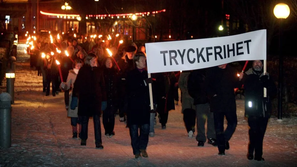 Manifestation för tryckfrihet.
Bilden är från Linköping och togs 2005.