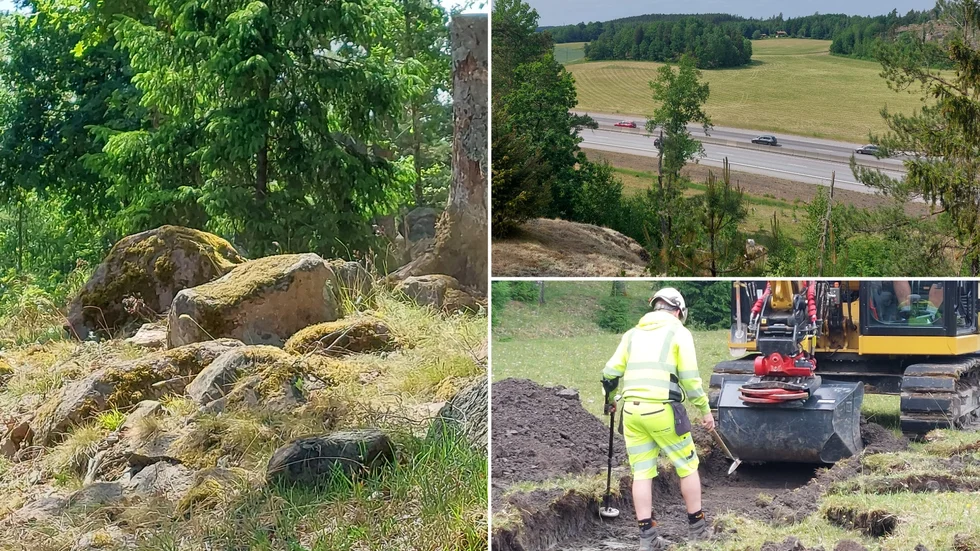 Landsjö fornborg med murrester, utsikt över E4 och en bild på hur den arkeologiska undersökningen gått till, med schaktning och metalldetektor.